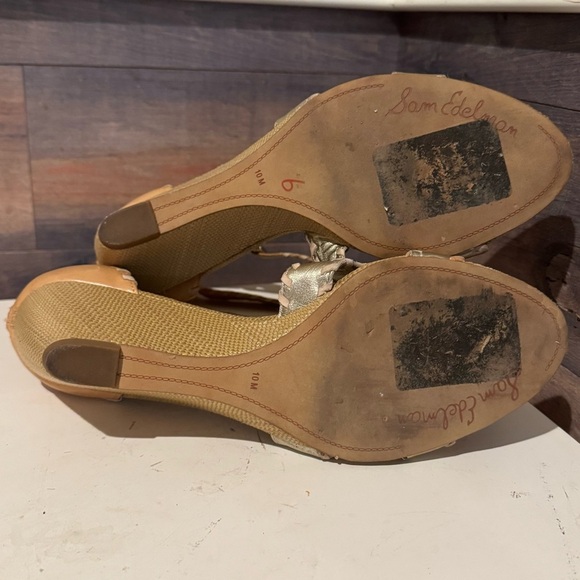Sam Edelman Leather Silvia Wedge Sandals Shoes Women’s Size 10 Gold Brown Ankle - Picture 8 of 10